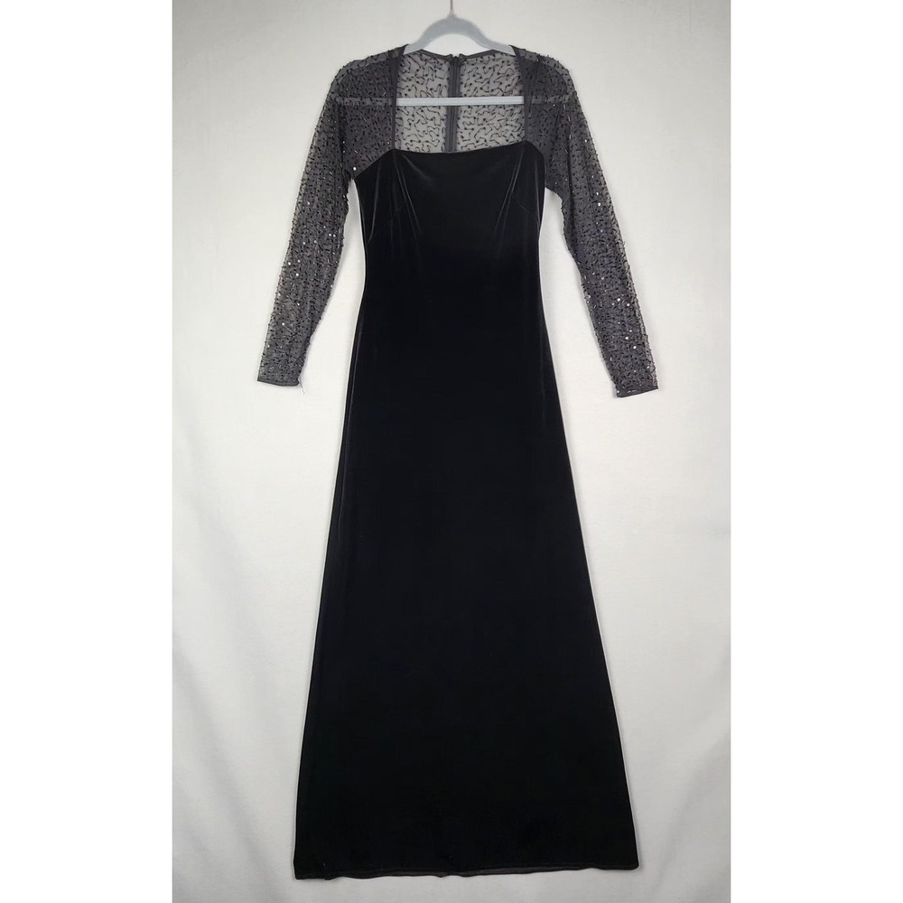 JS Boutique Maxi Dress‎ Womens 6 Black Velvet Beaded Sheer Sleeve Evening Formal